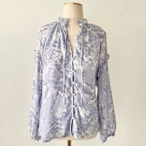 New JOIE Blue Floral Chiffon Long Sleeve Button Front Blouse Women's Size Small